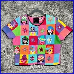 Vintage Michael Simon Sweater Faces Size M Cardigan Short Sleeve READ