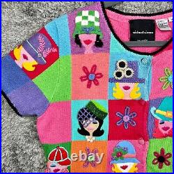 Vintage Michael Simon Sweater Faces Size M Cardigan Short Sleeve READ