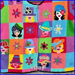 Vintage Michael Simon Sweater Faces Size M Cardigan Short Sleeve READ