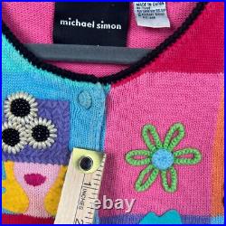 Vintage Michael Simon Sweater Faces Size M Cardigan Short Sleeve READ