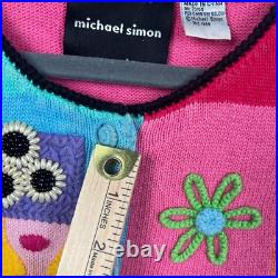 Vintage Michael Simon Sweater Faces Size M Cardigan Short Sleeve READ