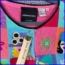 Vintage Michael Simon Sweater Faces Size M Cardigan Short Sleeve READ