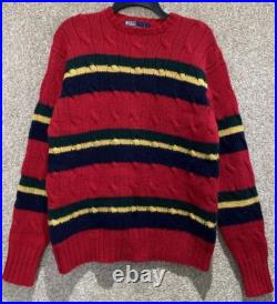 Vintage Polo Ralph Lauren Mens Medium 100% Wool Red Striped Cable Knit Sweater