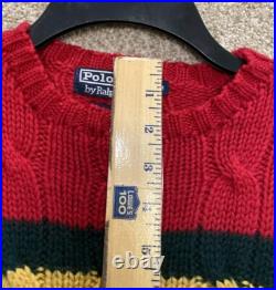 Vintage Polo Ralph Lauren Mens Medium 100% Wool Red Striped Cable Knit Sweater