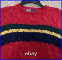 Vintage Polo Ralph Lauren Mens Medium 100% Wool Red Striped Cable Knit Sweater