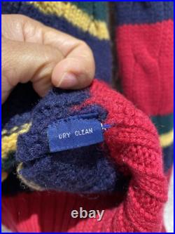Vintage Polo Ralph Lauren Mens Medium 100% Wool Red Striped Cable Knit Sweater