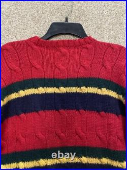 Vintage Polo Ralph Lauren Mens Medium 100% Wool Red Striped Cable Knit Sweater
