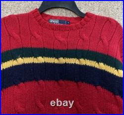 Vintage Polo Ralph Lauren Mens Medium 100% Wool Red Striped Cable Knit Sweater