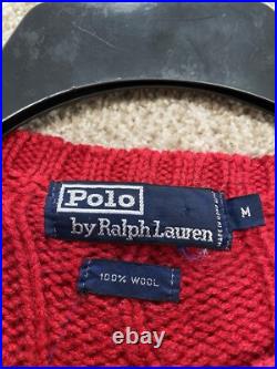 Vintage Polo Ralph Lauren Mens Medium 100% Wool Red Striped Cable Knit Sweater