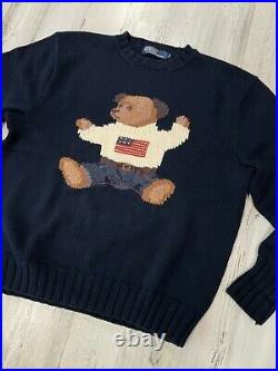 Vintage Polo Ralph Lauren Sitting Bear Sweater Size M Hand Knit Cotton
