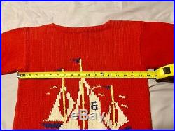 Vintage Ralph Lauren Red Intarsia Sailboats Hand Knit Crest Sweater Med bear Ski