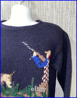 Vtg 1990s Polo Ralph Lauren Mens Duck Hunting Scene Wool Sweater Hand Knit M