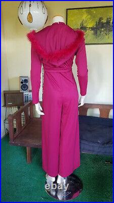 Vtg 70s Disco Pimp Bell Bottom Jumpsuit with Cropped Ostrich Trim Hooded Sweater M