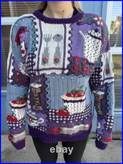 Vtg 90's Country Kitchen Baking Tea Hand Knit Women's M Sweater Fruit Grandma