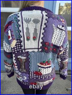 Vtg 90's Country Kitchen Baking Tea Hand Knit Women's M Sweater Fruit Grandma