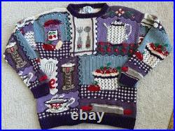 Vtg 90's Country Kitchen Baking Tea Hand Knit Women's M Sweater Fruit Grandma