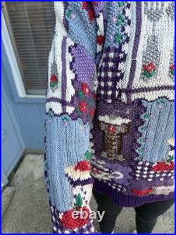 Vtg 90's Country Kitchen Baking Tea Hand Knit Women's M Sweater Fruit Grandma