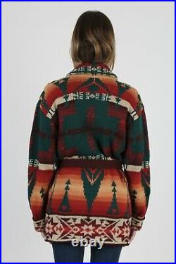 Vtg Ralph Lauren Country Southwestern Sweater Belted Knit Horn Buttons Cardigan