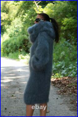 Women's Hand Knitted Fuzzy Grey Extra Long Turtle Neck Sweater Dress