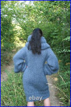 Women's Hand Knitted Grey Extra Long Turtle Neck Sweater Dress