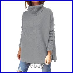 Women's Oversized Turtle Neck Batwing Sleeve Sweater Split Hem Knit Pullover