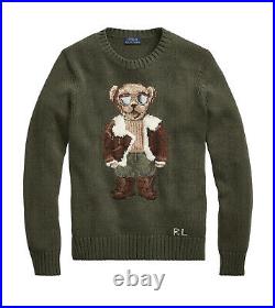 Women's Polo Ralph Lauren Olive Cotton Aviator Bear Sweater New