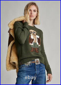 Women's Polo Ralph Lauren Olive Cotton Aviator Bear Sweater New