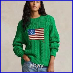 Women's Size M Polo Ralph Lauren Green Aran Knit Cotton USA Flag Sweater Women's Size M Polo Ralph Lauren Green Aran Knit Cotton USA Flag Sweater