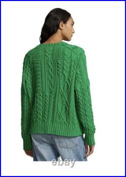 Women's Size M Polo Ralph Lauren Green Aran Knit Cotton USA Flag Sweater