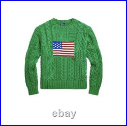 Women's Size M Polo Ralph Lauren Green Aran Knit Cotton USA Flag Sweater Women's Size M Polo Ralph Lauren Green Aran Knit Cotton USA Flag Sweater