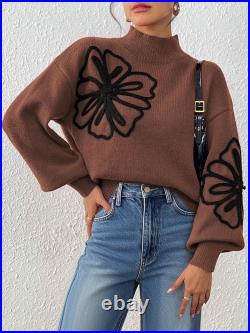 Women's Three-dimensional Ribbon Embroidery Flower Mock Neck Sweater