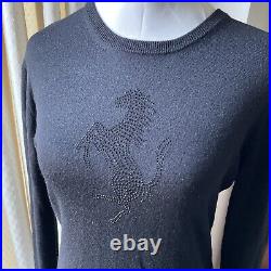 Womens Ferrari Black Wool Silk Cashmere Rhinestone Logo Jumper Sweater M. Rare