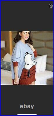ZARA Womens Jacquard Peanuts Snoopy Oversize Knit Sweater Size M Blue Red