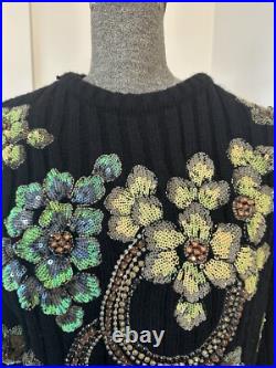 Zara Flower Sequin Rhinestone Embellished Black Sweater Jumper Knit Blogger M