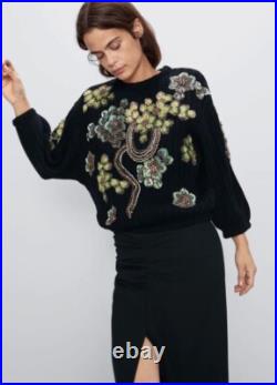 Zara Flower Sequin Rhinestone Embellished Black Sweater Jumper Knit Blogger M