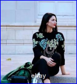 Zara Flower Sequin Rhinestone Embellished Black Sweater Jumper Knit Blogger M