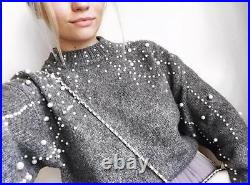 Zara Woman Cropped Sweater With Faux Pearls Grey Size M Ref. 9598/121