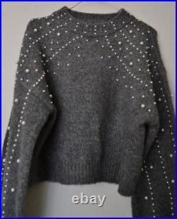 Zara Woman Cropped Sweater With Faux Pearls Grey Size M Ref. 9598/121