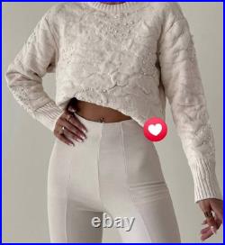 Zara Womens Knit Sweater Textured Pearl Beaded M Ecru Ivory 6895/001 NWT