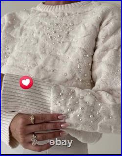 Zara Womens Knit Sweater Textured Pearl Beaded M Ecru Ivory 6895/001 NWT