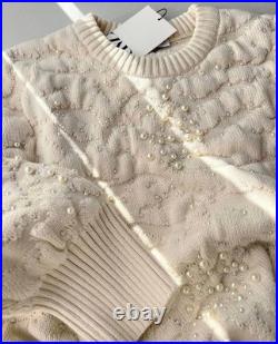 Zara Womens Knit Sweater Textured Pearl Beaded M Ecru Ivory 6895/001 NWT