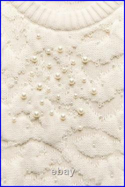 Zara Womens Knit Sweater Textured Pearl Beaded M Ecru Ivory 6895/001 NWT