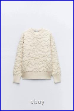 Zara Womens Knit Sweater Textured Pearl Beaded M Ecru Ivory 6895/001 NWT