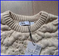 Zara Womens Knit Sweater Textured Pearl Beaded M Ecru Ivory 6895/001 NWT